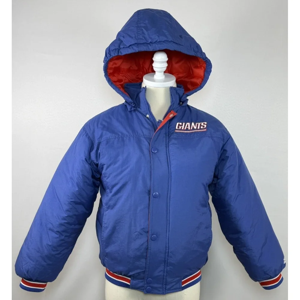 New York Giants Puffer NFL Reebok Hoodie Full Zip Blue Jacket Youth Med 10-12